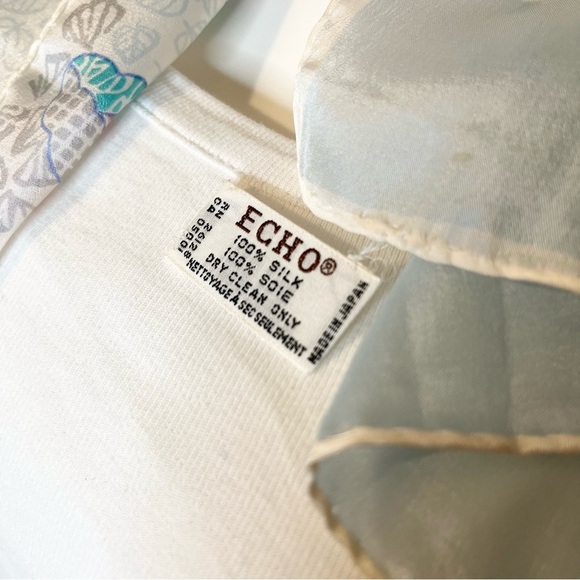 Echo Vintage Silk Scarf Clams Crustaceancore Grandmacore White Blue 11” x 46” - Picture 6 of 8